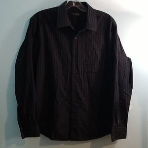 George mens long sleeve black and blue gray stripe button up dress shirt XL